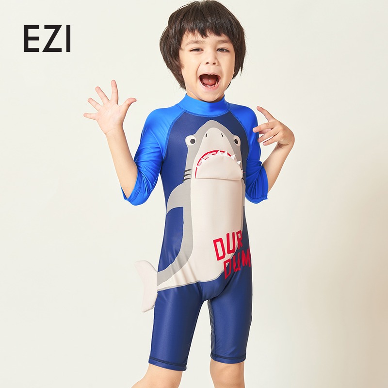 Game Pose Children Students Sunscreen Swimsuit Boy Baby Conjoined Flat Corner Swimsuit Male Small Middle Child Shark Surf