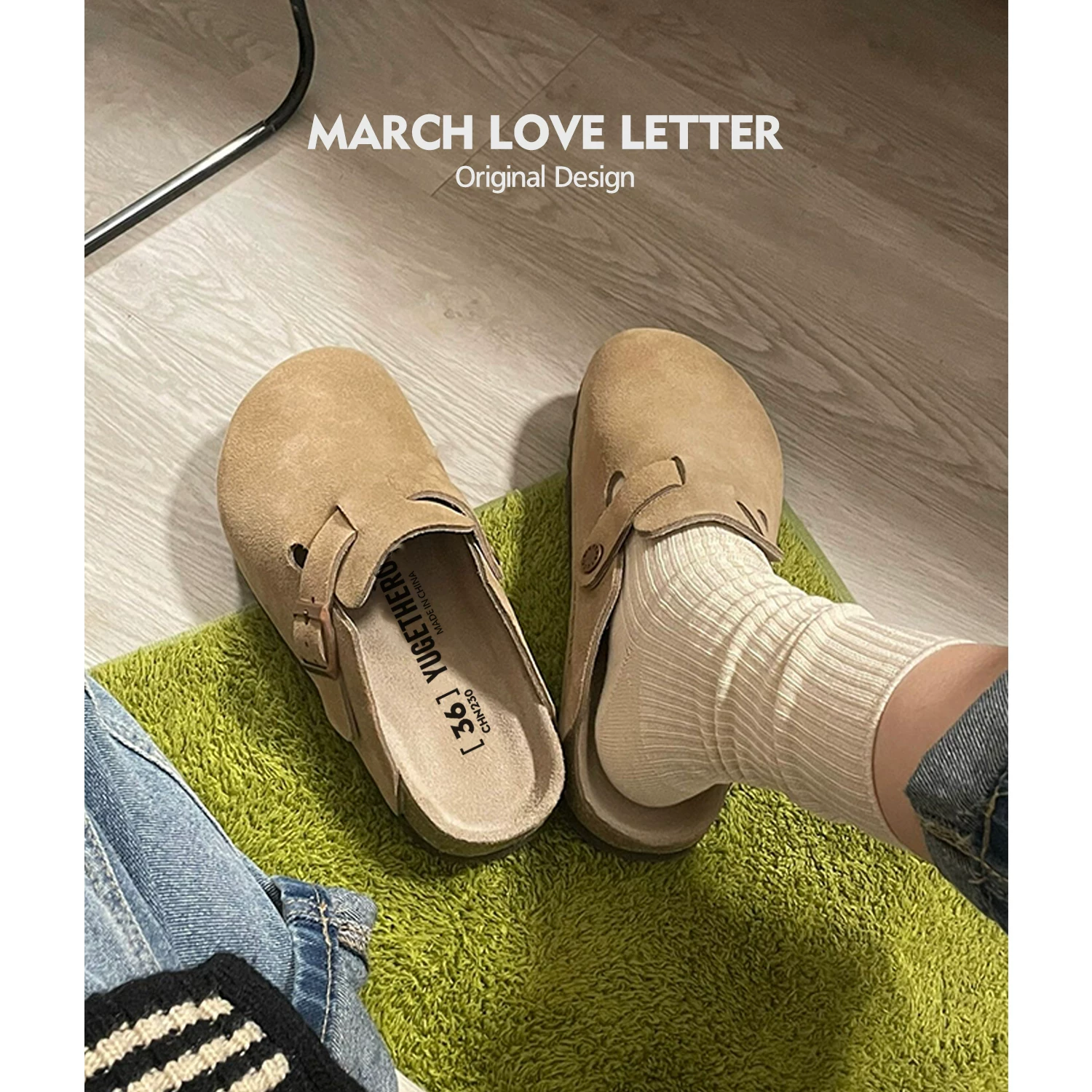 [24 часа мгновенно] Марш любовное письмо из натуральной кожи Birken Shoes для женщин с толстой подошвой, тапки для весны и осени, пробковая обувь