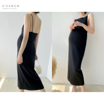 Pregnant woman vacation dress summer Korean version long slim temperament ice silk dress Hot mom wear suspender dress summer dress