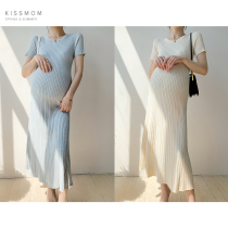 Maternity dress Summer long skirt Korean version solid color round neck pit strip short-sleeved temperament wear long skirt tide mom