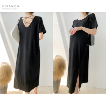 Maternity Korean dress Summer loose short-sleeved long skirt Side split halter fashion long dress summer dress