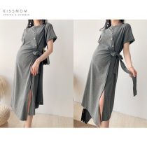 Maternity dress spring and summer new Korean version of solid color long skirt round neck side split strap temperament long skirt tide