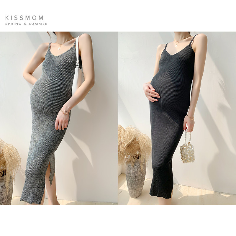 Maternity dress Spring and autumn new Korean version of the solid color mid-length slim knit suspender base skirt tide mom autumn wear