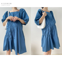Maternity dress summer Korean version large size square collar bubble sleeves Medium-long temperament thin solid color temperament skirt tide mom