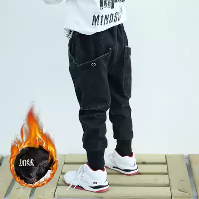 Boys jeans 2021 Winter new baby cotton pants plus velvet padded foreign pie loose small feet Children's trousers tide