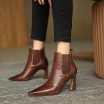 M L Monroe strong push self-leaving pointed short boots female coarse heel 2020 autumn winter new genuine leather 100 hitch retro