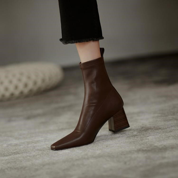M L Monroe 2020 autumn and winter new Korean version retro square toe thick heel elastic ankle boots women's high-heeled all-match
