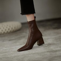 M L Monroe 2020 autumn winter new Han version retro square head coarse heel elastic short boot female high heel 100 lap