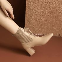 M L Monroe Strong Pushback ~ Autumn Winter New Knit Splicing Cow Leather Square Head Short Boots Woman Lace Thick Heel Woman