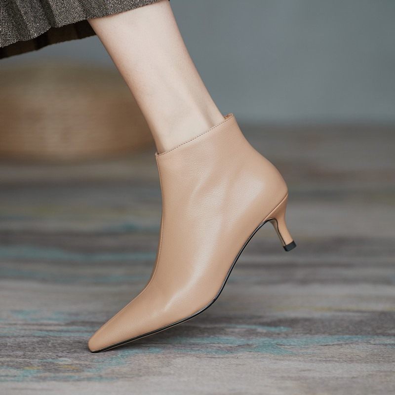 M L Monroe at first sight, autumn cow skin boots female autumn boots pointed naked boots 3cm fine with Martin boots