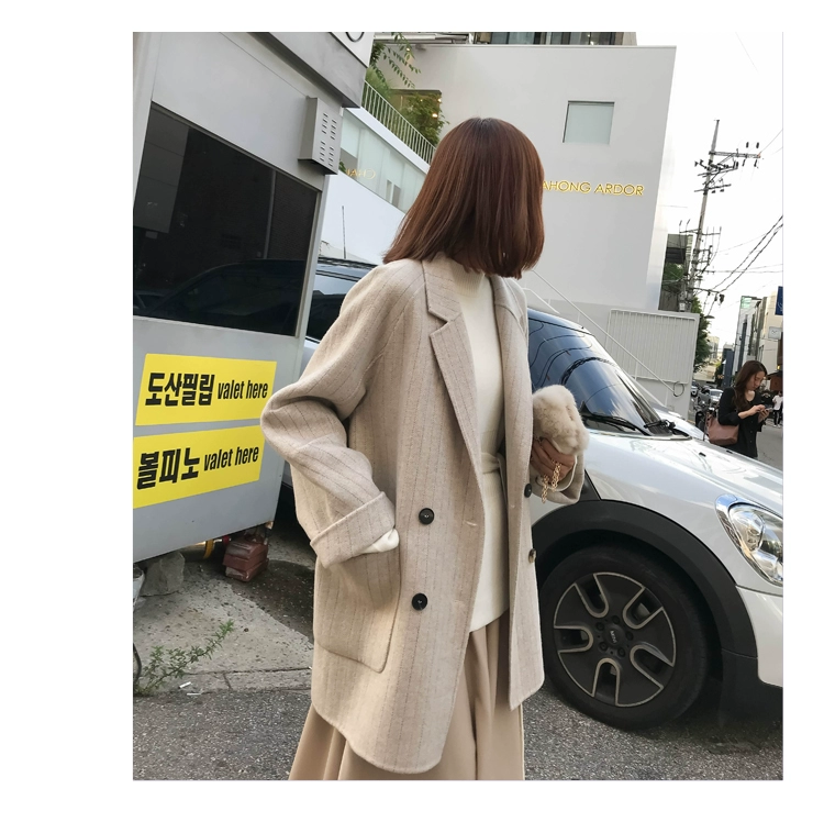 Zhang Wei zss áo khoác len nữ dài phần phiên bản Hàn Quốc 2018 mới mùa thu và mùa đông sọc cashmere hai mặt