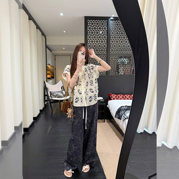 Zhang sese 26 summer extraordinary simple slow and casual navy printed lace drawstring pants wide leg pants