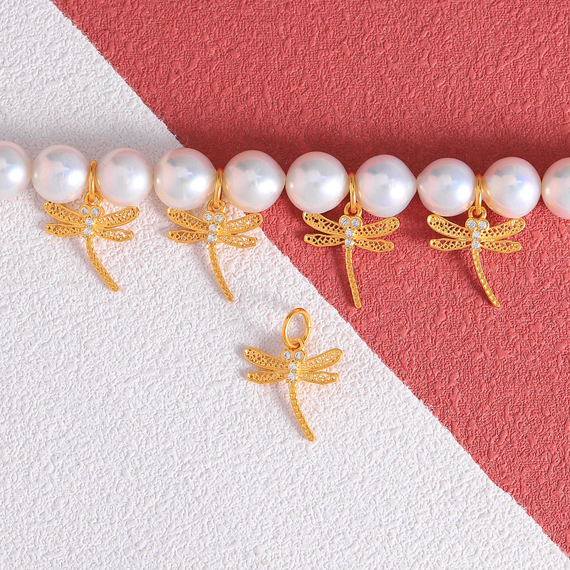 S925 Vintage Silver Gold-Plated Diamond-Inlaid Hollow Dragonfly Pendant DIY Woven Beaded Bracelet Necklace New