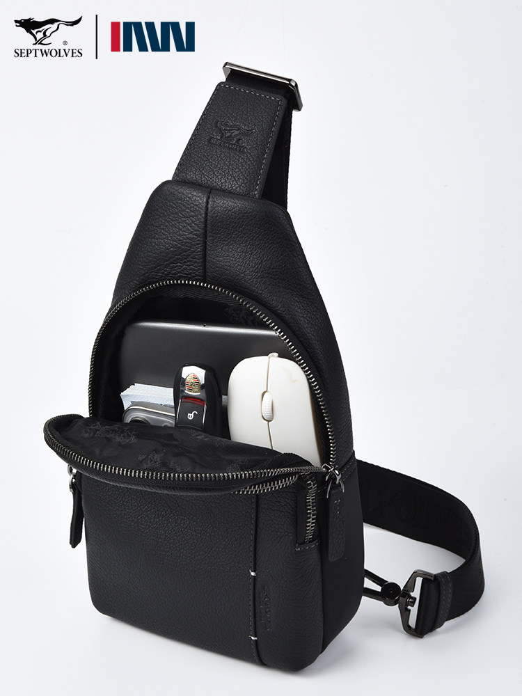 Septwolves Men's Bag Men's Chest Bag Brand Genuine Leather Single Shoulder Crossbody Bag Famous Brand Multifunctional First Layer Cowhide Small Backpack