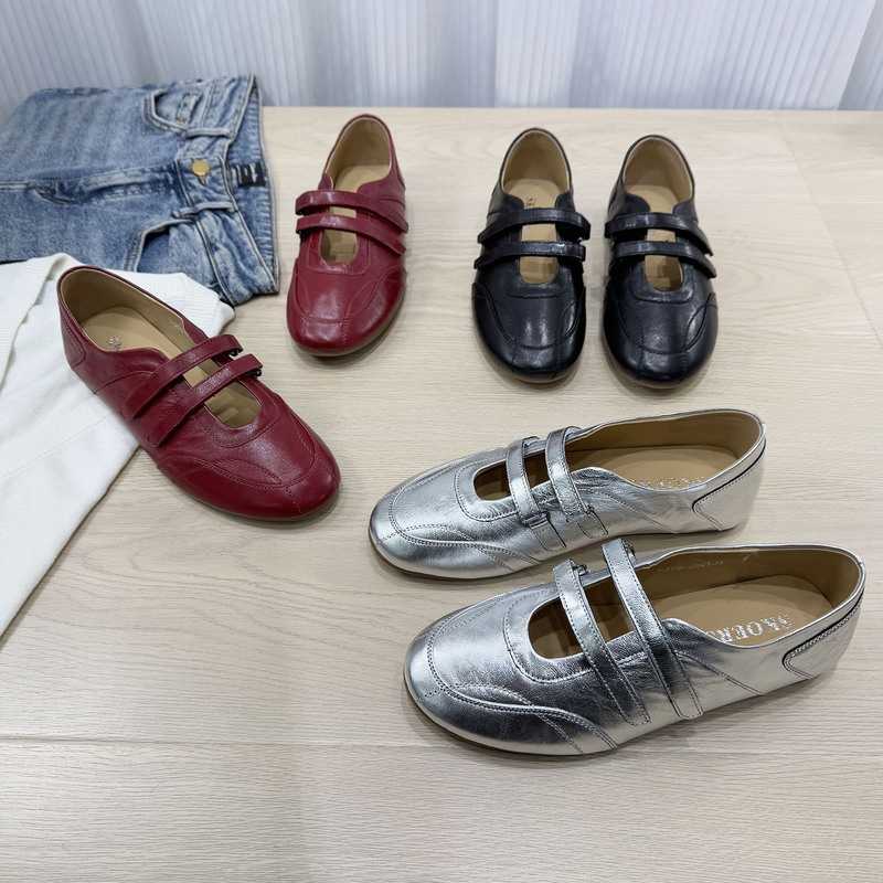 European-Style Sheepskin Velcro Mary Jane Shoes for Women 2026 Spring and Summer New Genuine Leather Silver Ballet Casual Sneakers