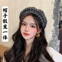 Plaid small fragrant wind wig hat autumn and winter integrated fashion long curly hair anise cap wig woman with long hair headgear