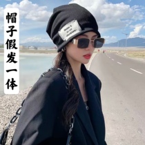 Hat wig one-piece short curly hair warm in autumn and winter cap pile up hat knitted hat long straight hat wig set