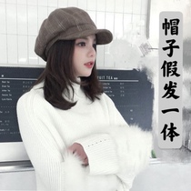 Maodon octagonal hat wig one shoulder short hair female autumn and winter Korean black retro Joker Duck Tongue Newsboy cap