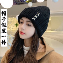 Net Red Hat wig one long curly hair female autumn and winter Joker thick warm ear protection cute knitted wool cap
