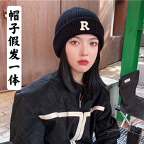 Hat wig one shoulder short hair letter R wool hat female autumn and winter Joker leisure warm hat wig set