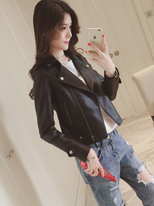 2018 mùa xuân và mùa thu mới Hàn Quốc đen mỏng giảm béo nhỏ PU da nữ phần ngắn dài tay áo xe gắn máy áo khoác thủy triều