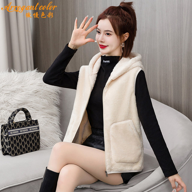 ເສື້ອກັນໜາວຍິງ Polar Fleece Hooded 2024 Spring and Autumn New Color Solid Jacket Short Thickened Coral Fleece Women's Vest