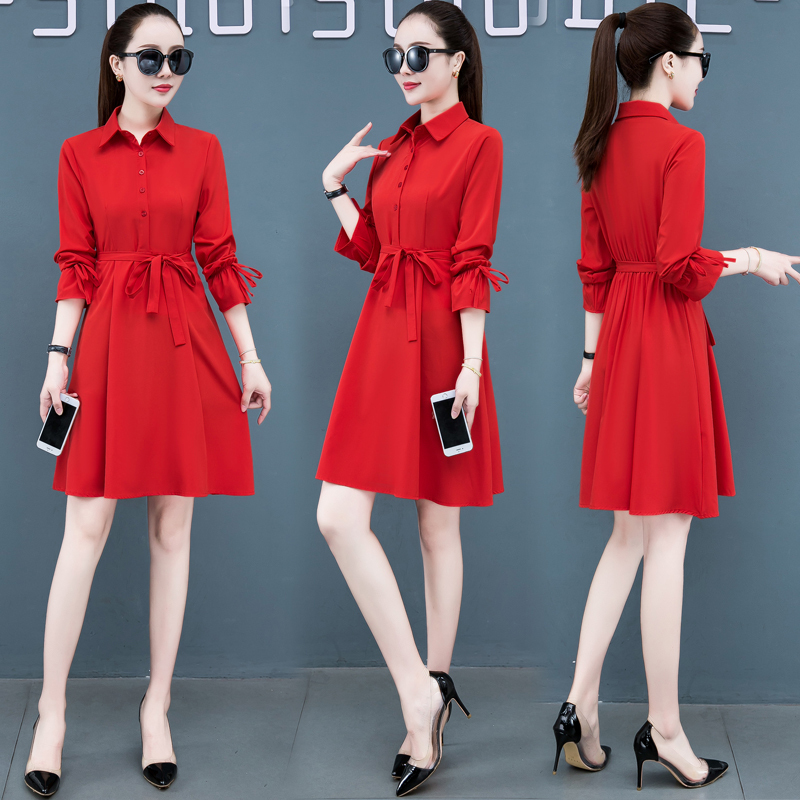 Dress for Women 2026 Spring and Summer New Women's Clothing Korean Style Fashionable Slim Long-Sleeved Mid-Length Elegant Red Shirt Dress Dress for Women 2026 Spring and Summer New Women's Clothing Korean Style Fashionable Slim Long-Sleeved Mid-Length Elegant Red Shirt Dress