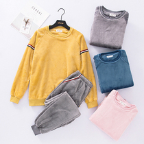Thickened flannel suit female round neck pullover warm bundle feet couple sports leisure coral velvet home clothes men
