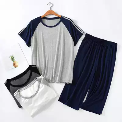 Modal Short Sleeve Capri pants Pajamas Men Summer Thin Loose Leisure Sports Ice Silk Home Clothes Set Outside Wear