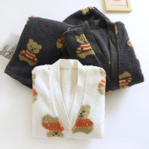 22 New rice - grain - vet pajamas female winter thickened flannel V - collar cartoon bear couple coral - velvet home suit