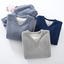 Lamb suede Home Clothing Male Winter Thickening Warm V Collar Jacket Head Collection Leg Foot Stomp Flannel Cornel Velvet Sleeping Suit Suit