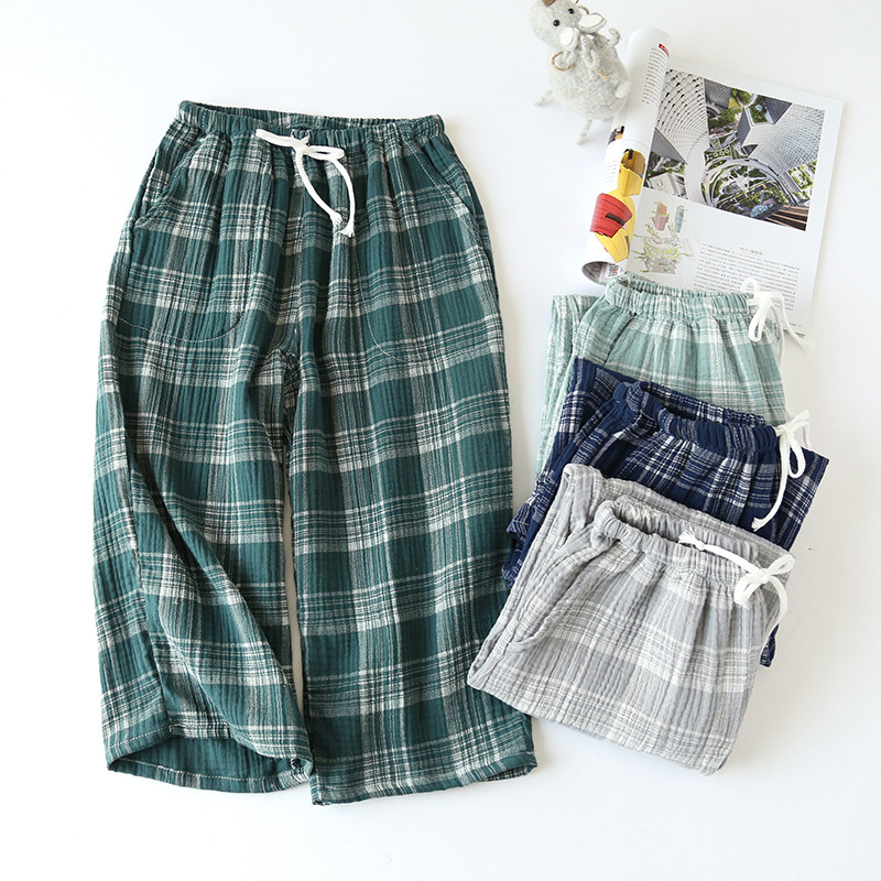 Japanese plaid pajamas men's summer cotton three-point pants washed crepe summer thin section loose over-the-knee home pants