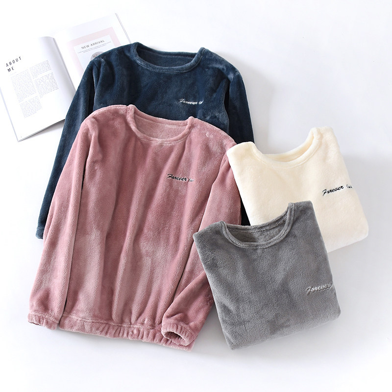 Autumn and winter flannel home tops women's single piece pullover thick fleece warm pajamas coral fluffy warmer can be worn outside