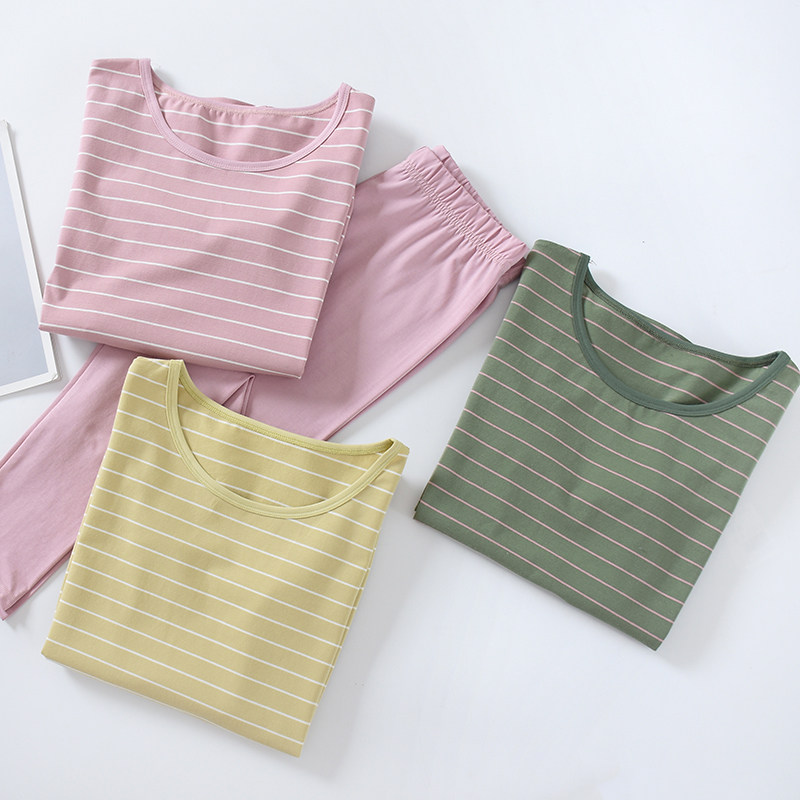 Pure cotton heating dress woman autumn and winter thin elastic repair stripes wearing a whole cotton line autumn sanitary pants suit