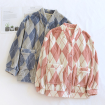 Japanese diamond pajamas with female flannel thickness and leisure V-led couples home suit for a single man
