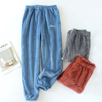 Flannel pajamas mens winter thickened warm drawstring feet loose closure Coral velvet home pants mens warm pants