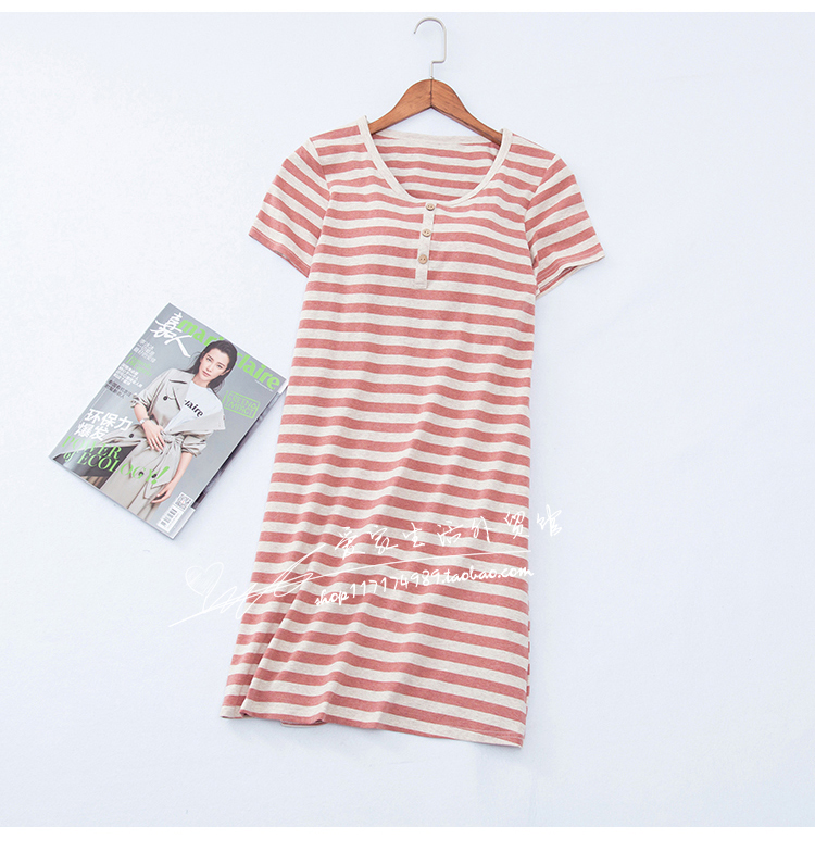 Với ngực pad nightdress miễn phí áo ngực ngắn nửa tay áo bông đồ ngủ mùa xuân sọc lỏng đoạn dài nightdress nữ mùa hè bông