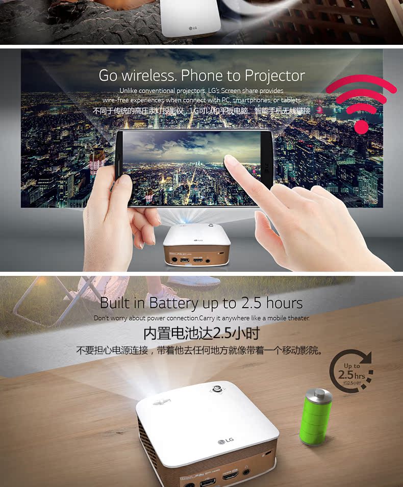 LG PH150G Pocket Wireless Điện thoại di động Máy chiếu bỏ túi Trang chủ Nhỏ cầm tay HD Máy chiếu mini nhỏ Rạp hát tại nhà Phim di động trên Tường chiếu