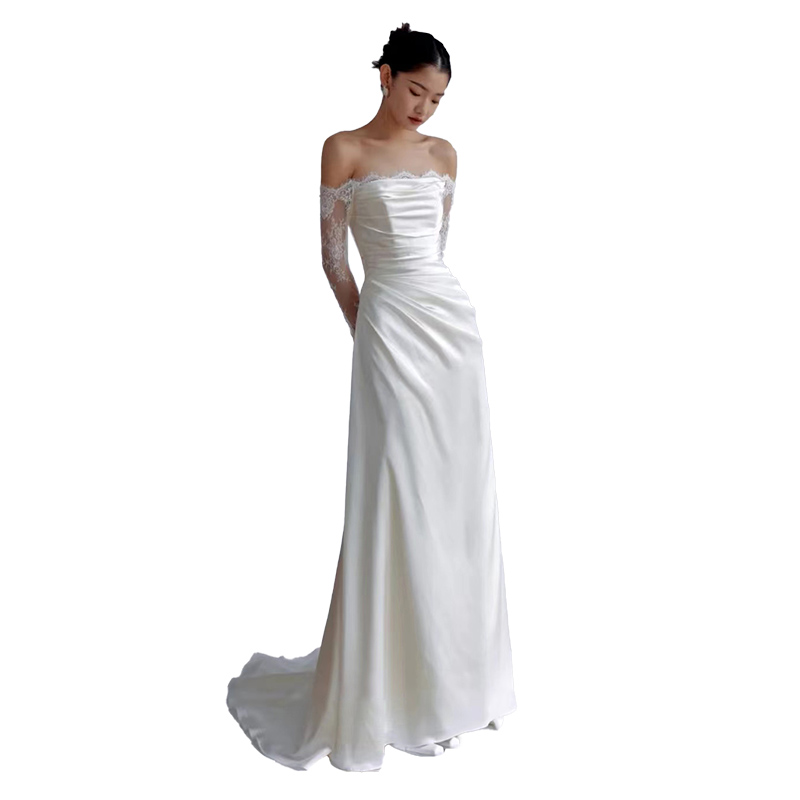 One word shoulder long -sleeved light wedding dress 2023 new temperament lace welcome One word shoulder long -sleeved light wedding dress 2023 new temperament lace welcome