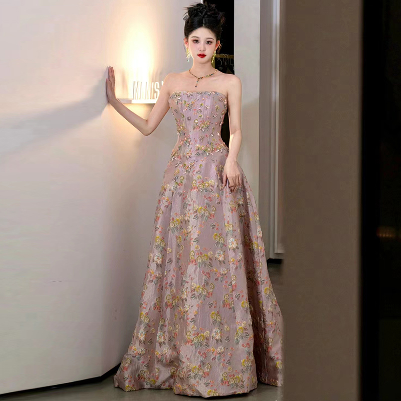 Pink Evening Dress with a High-End, Elaborate Feel, Suitable for Coming-Of-Age Ceremonies, Birthday Banquets, Floral Long Dress, Strapless French-Style Toast Dress