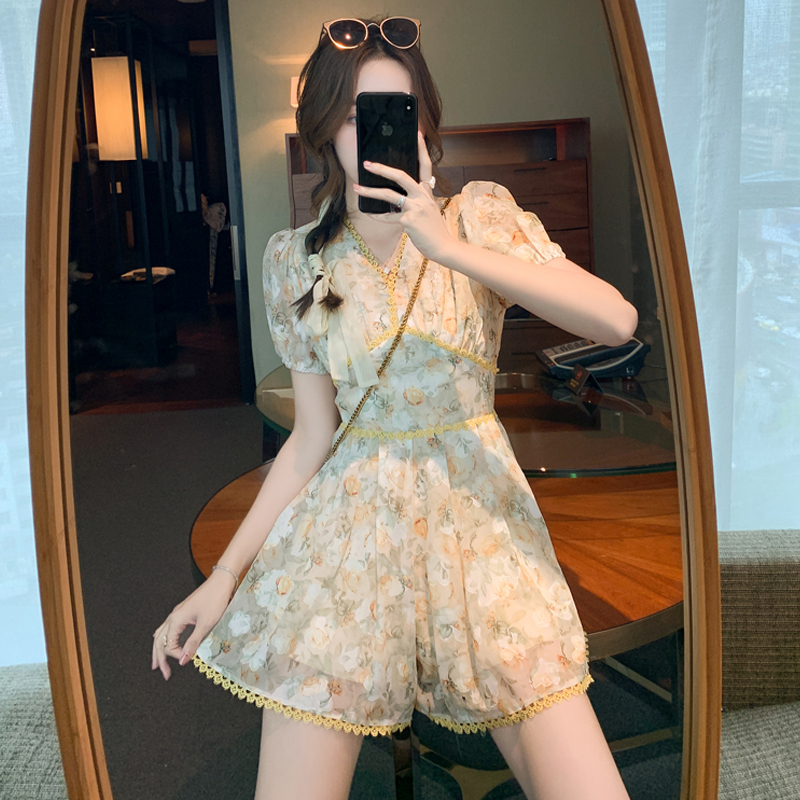 Summer New French Style Petite Jumpsuit Women's Clothing, Chanel-Style Elegant Floral Chiffon One-Piece Shorts Dress Summer New French Style Petite Jumpsuit Women's Clothing, Chanel-Style Elegant Floral Chiffon One-Piece Shorts Dress
