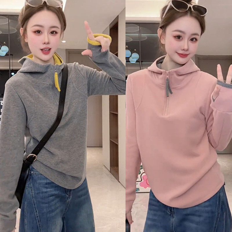 Korean-Style Simple Half-Zip Color-Blocked Thermal Fleece Hooded Sweatshirt for Women, Autumn and Winter Casual Versatile Layering Inner Hoodie Top Korean-Style Simple Half-Zip Color-Blocked Thermal Fleece Hooded Sweatshirt for Women, Autumn and Winter Casual Versatile Layering Inner Hoodie Top