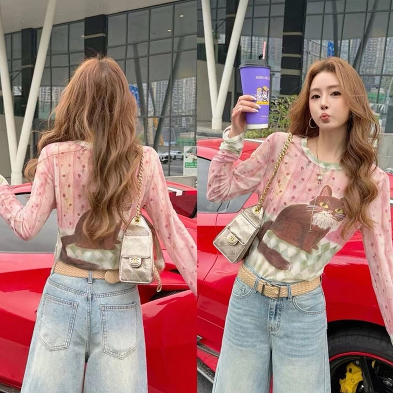 Fashionable Cat Print Polka Dot Long-Sleeve T-Shirt for Women, Summer Slim-Fit, Slimming, Tie-Dye Mesh Sun Protection Cover-Up Top, Trendy