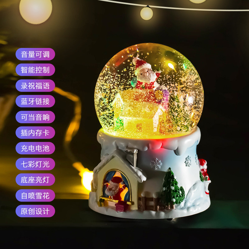 Top  functional water crystal ball eight-tone box with snowflake music box Luminous rotary recording Bluetooth Christmas present