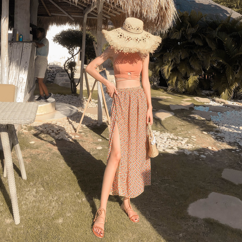 Ins style sexy two-piece net red swimsuit women's beach skirt super fairy conservative and thin cover belly hot spring fairy fan