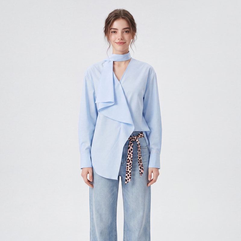 Irregular Design, Mature and Elegant Style, Asymmetrical Ribbon Shirt for Women, Blue Design, Stylish Top 2026