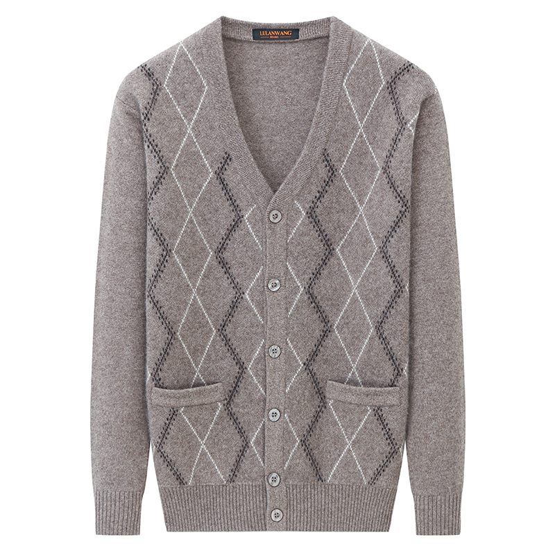 Autumn and Winter Men's Clothing Luluanwang Cashmere Cardigan Men's Middle-Aged and Elderly Knitted Sweater Plaid Wool Coat Thickened
