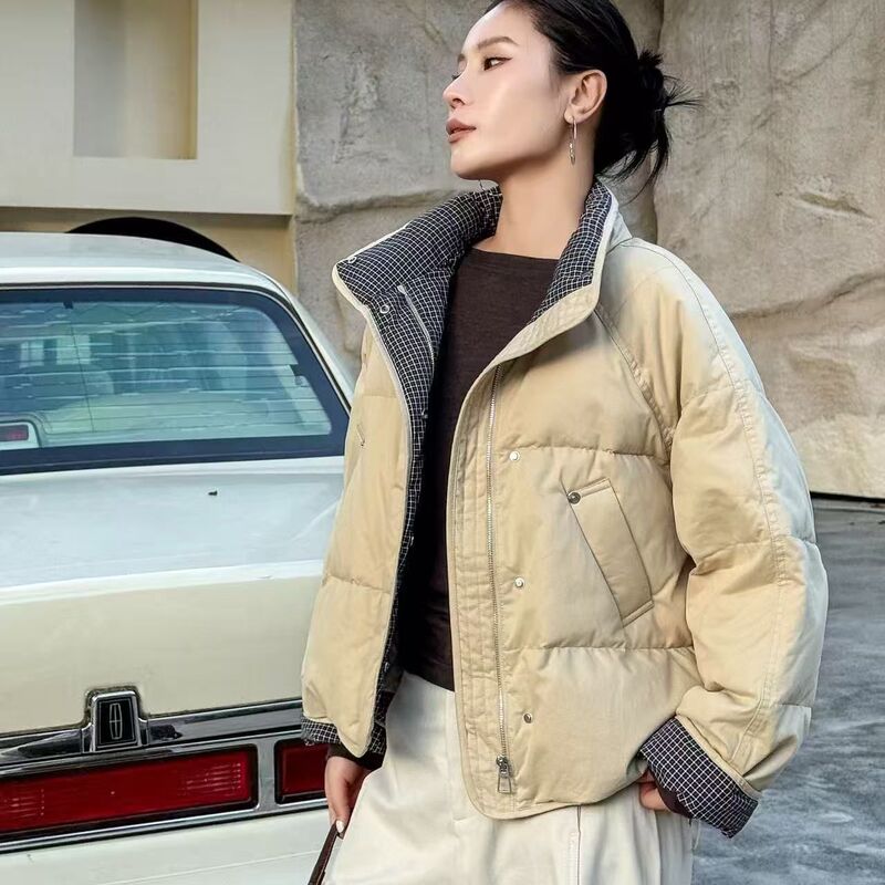 Celison Kloe Women's Short down Jacket with Plaid Patchwork, Thickened, Artistic Color-Blocking, Stand Collar, White Duck down Coat Celison Kloe Women's Short down Jacket with Plaid Patchwork, Thickened, Artistic Color-Blocking, Stand Collar, White Duck down Coat