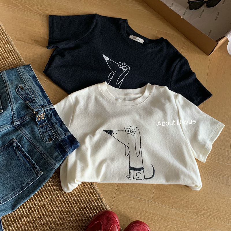 Dayue【Pointy-Nosed Dog T】Full of Youthful Charm~ Cute and Playful! Korean Style Slimming Versatile Short-Sleeve T-Shirt