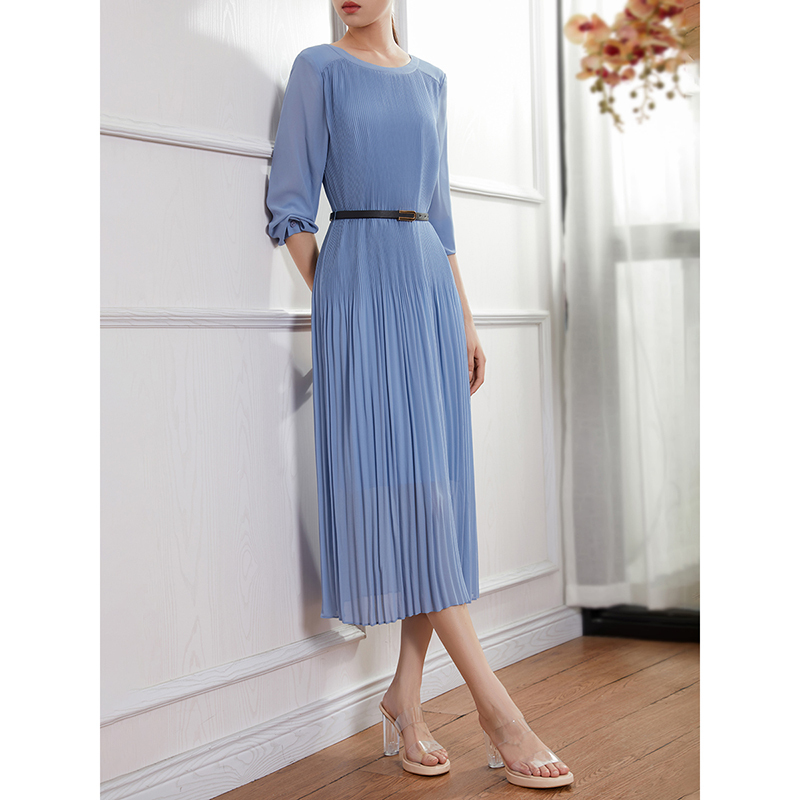 Chenyun Blue Round-Neck Chiffon Dress for Women, Summer High-End Luxury Long-Sleeve Waist-Cinching Slimming Socialite Pleated Long Dress